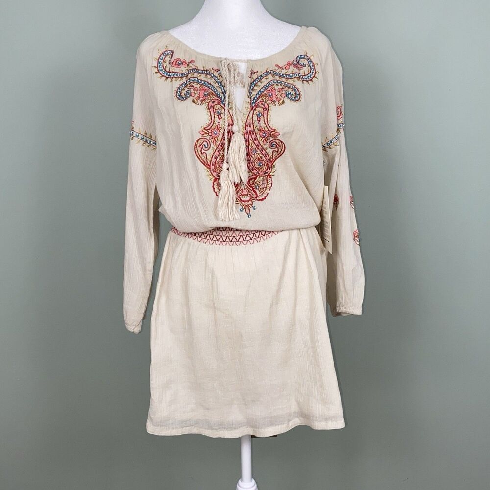 Boston Proper Boho Dress Womens 8 Cream Gauzy Embroidered Smocked Cotton Tassels